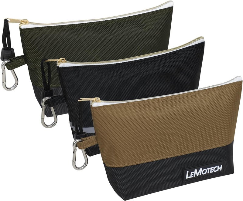 LeMotech Tool Pouches with Zipper, Water Resistant Small Tool Bags, 1680D Oxford Utility Bag for Tool Organizers and Storage, Khaki/Black/Dark Green 3 Pack - Image 1